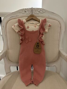 🤍 3~6 Mth Organic Cotton Rabbit & Bear Rusty~Rose Knit Ruffle Baby Romper NWT